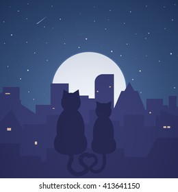 Two cats sitting on a roof at night and watching the moon and stars