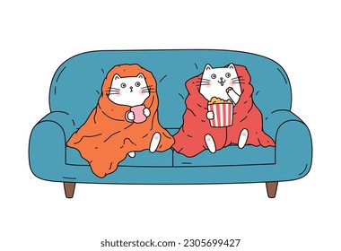 Two cats sitting on sofa wrapped in blanket and watching TV. Kitties drink and eat popcorn, rest and relax watching movie. Flat outline illustration cartoon style