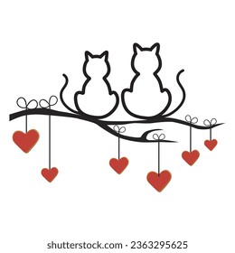 Two Cats sitting on Tree Branch with Hearts. Vector Illustration Art.