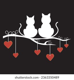 Two Cats sitting on Tree Branch with Hearts. Vector Illustration Art.