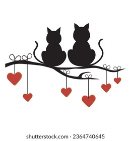 Two Cats sitting on Tree Branch with Hearts. Vector Illustration Art.