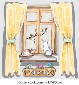 Two cats are sitting on the window and look outdoors in vector