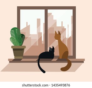 Two cats are sitting on the windowsill