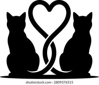 Two cats sitting silhouette forming heart shape tail graphic