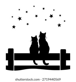 Zwei Katzen sitzen zusammen auf einem Zaun unter einem Sternenhimmel