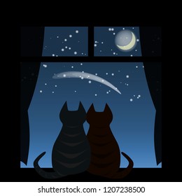 Two cats sitting at the window at night watching the shooting star and the moon vector illustration