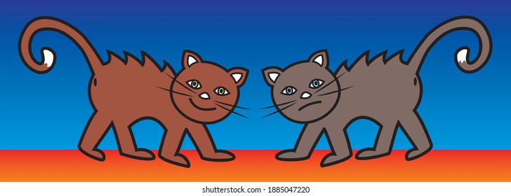 two cats, smiling and sad kitten on rooftop, vector illustration on blue background