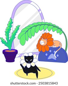 Two cats with soft cone collar to stop licking after surgery neuter. Vector modern cartoon flat illustration. Cozy room with mirror, carpet, plant and cat scratcher.