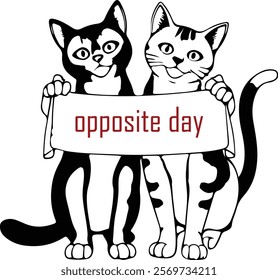 Two cats standing with a banner. All colors will be black and the background will be white.