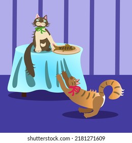Two cats stealing fish off the table.