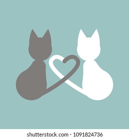 Two cats and tailes in shape heart  love concept  romantic logo  valentine day