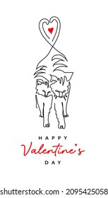 Two cats with tails in shape of heart. Happy Valentine s day simple minimal vector greeting card design. One continuous line art drawing of cats couple.