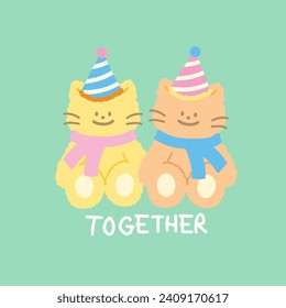 Two cats together with scarf for card print, winter fashion, cartoon character, comic, mascot, background, wallpaper, banner, social media post, brand logo, vet icon, backdrop, accessory, postcard