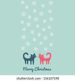 Two cats under snowfall. Christmas card. Vector illustration
