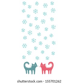 two cats under snowfall. Vector illustration