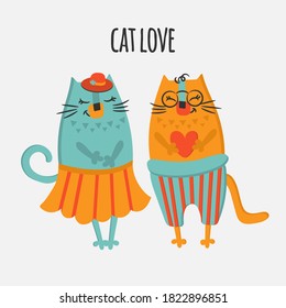 TWO CATS Valentine Day Love Hand Drawn Flat Design Cartoon Cute Animal Vector Illustration For Print