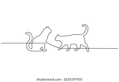 Two cats vector with continuous single one line art drawing. New minimalist design , Hand-drawn line art in trendy minimalist design. Vector illustration.