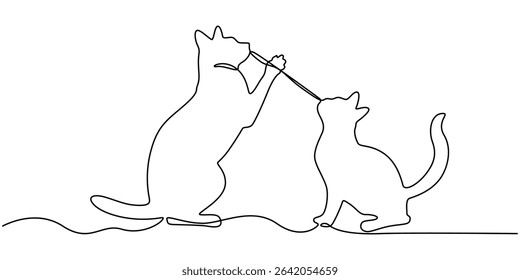 Two cats vector with continuous single one line art drawing. New minimalist design minimalism animal pet of cat illustration, Continuous one line drawing of two happy cats silhouettes, One line