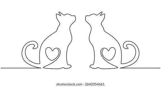 Two cats vector with continuous single one line art drawing. New minimalist design minimalism animal pet of cat illustration, Continuous one line drawing of two happy cats silhouettes, One line