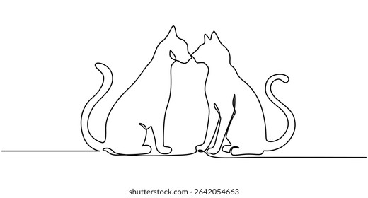 Two cats vector with continuous single one line art drawing. New minimalist design minimalism animal pet of cat illustration, Continuous one line drawing of two happy cats silhouettes, One line