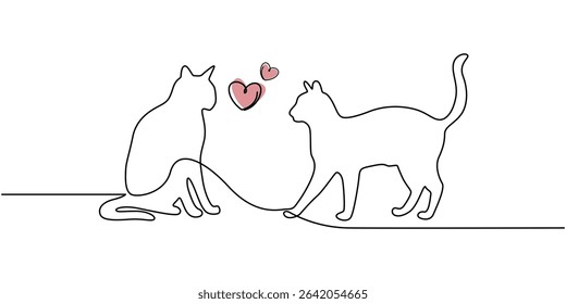 Two cats vector with continuous single one line art drawing. New minimalist design minimalism animal pet of cat illustration, Continuous one line drawing of two happy cats silhouettes, One line