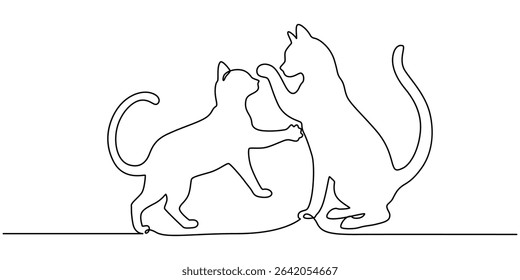 Two cats vector with continuous single one line art drawing. New minimalist design minimalism animal pet of cat illustration, Continuous one line drawing of two happy cats silhouettes, One line