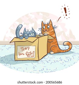 Two cats visiting the box. Vector illustration, EPS 10. Contains transparent objects