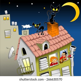 two cats walk on a moonlit night on the roof of the house