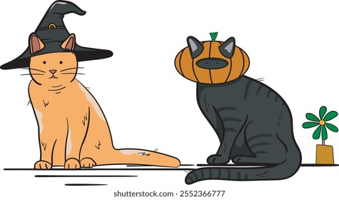 two cats wearing a halloween costum with simple flat design for logo, background or design asset illustration