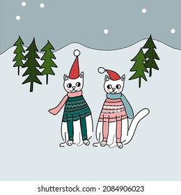 two cats wearing sweater in snowing landscape Christmas and new year card hand drawn cartoon vector