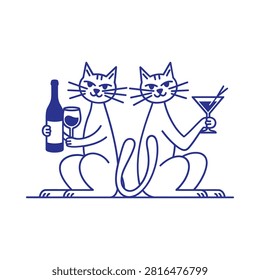 Two Cats With Wine Bottle And Martini Glass Blue Line Illustration
