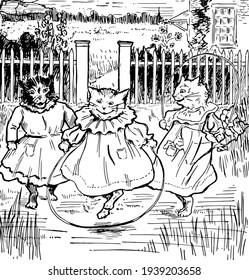 Dos gatos vestían vestidos y jugaban a la cuerda de salto, otro gato los miraba, dibujos de líneas vintage o ilustración de grabado