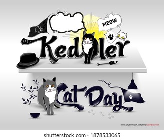 Two cats,a shelf,a flag with mice and a flag with paw,a hat, fishbone,a plant, two talking baloons, one is empty, other says meow, two texts,one says cat day,other translates as "cats" 