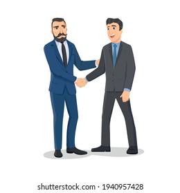 Two Caucasian business man shaking hands. Businessmen first meeting greeting with firm handshake isolated on white background