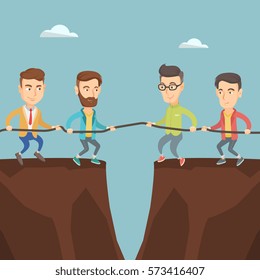 Two caucasian business team pulling rope on cliff. Competition between two teams of business people. Concept of team work and competition in business. Vector flat design illustration. Square layout.