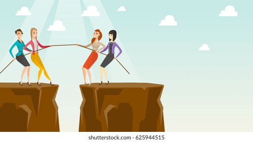 Two caucasian business team pulling rope on cliff. Competition between two teams of business people. Team work and competition in business concept. Vector flat design illustration. Horizontal layout.
