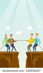 Two caucasian business team pulling rope on cliff. Competition between two teams of business people. Concept of team work and competition in business. Vector flat design illustration. Vertical layout.