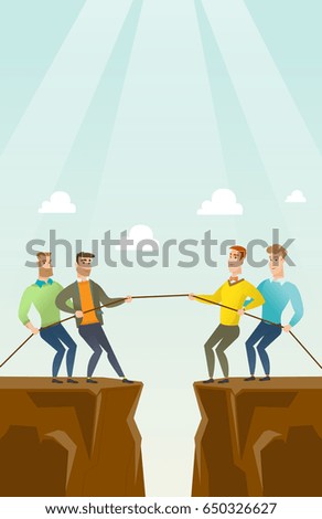 Two caucasian business team pulling rope on cliff. Competition between two teams of business people. Concept of team work and competition in business. Vector flat design illustration. Vertical layout.