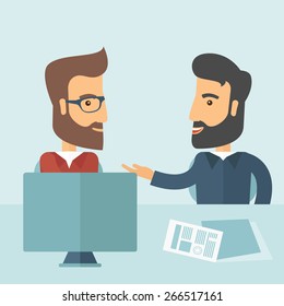 Two Caucasian businessmen with beard sitting while talking infront of laptop and documents agreeing on a business deal. Partnership, teamwork concept. A contemporary style with pastel palette soft