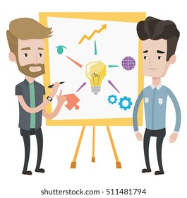 Two caucasian businessmen discussing a project. Group of businessmen working on project. Businessman drawing business project on a board. Vector flat design illustration isolated on white background.