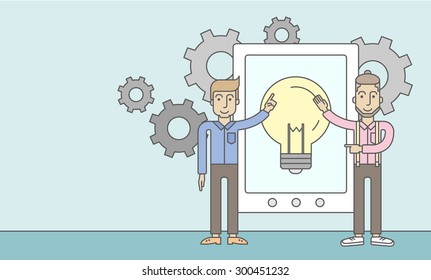 A two caucasian businessmen holding a big screen tablet with bulb icon a computer tablet perspective view strategy marketing. Business concept. A Contemporary style with pastel palette, soft blue