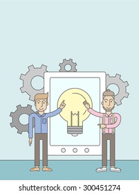 A two caucasian businessmen holding a big screen tablet with bulb icon a computer tablet perspective view strategy marketing. Business concept. A Contemporary style with pastel palette, soft blue