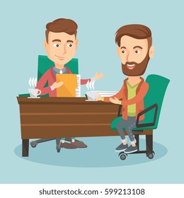 Two caucasian businessmen talking on business meeting. Businessmen drinking coffee on business meeting. Two young businessmen during business meeting. Vector flat design illustration. Square layout.