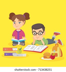 Two caucasian children doing homework together. Brother reading a textbook while his sister writing in notebook. Schoolkids studying together. Vector sketch cartoon illustration. Square layout.
