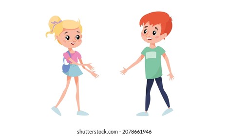 Two caucasian children meet to each other. School boy going to shake the hand his new friend. Boy and girl friends have fun. Vector illustration isolated on white.