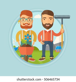 Two caucasian hipster man standing with a rake and a flower in a wheelbarrow on the background of solar panels and wind turbines. Vector flat design illustration in the circle isolated on background.