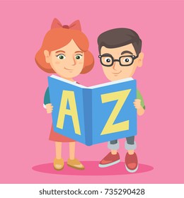 Two caucasian kids of elementary school or kindergarten reading an ABC-book. Little boy and girl holding an ABC-book. Kids studying with an ABC-book. Vector sketch cartoon illustration. Square layout.