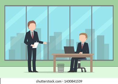 Two Caucasian managers working in office. Vector illustration.