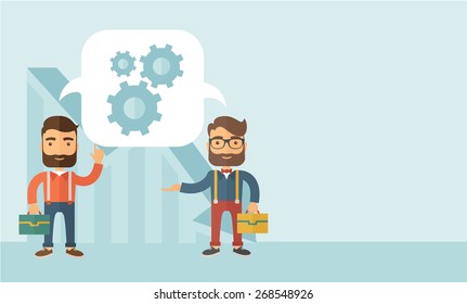 Two Caucasian men carrying bags thinking a new business in logistics. Brainstorming, speech bubble gears. Teamwork concept.  A contemporary style with pastel palette, soft blue tinted background