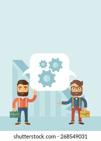 Two Caucasian men carrying bags thinking a new business in logistics. Brainstorming, speech bubble gears. Teamwork concept. A contemporary style with pastel palette, soft blue tinted background